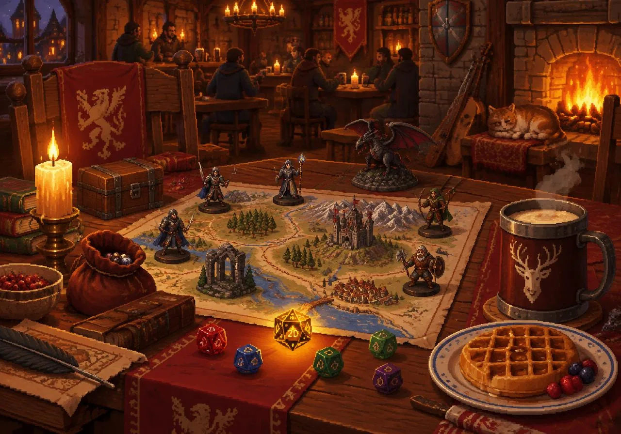 Mesa de juego con mapa, dados y miniaturas en una taberna
